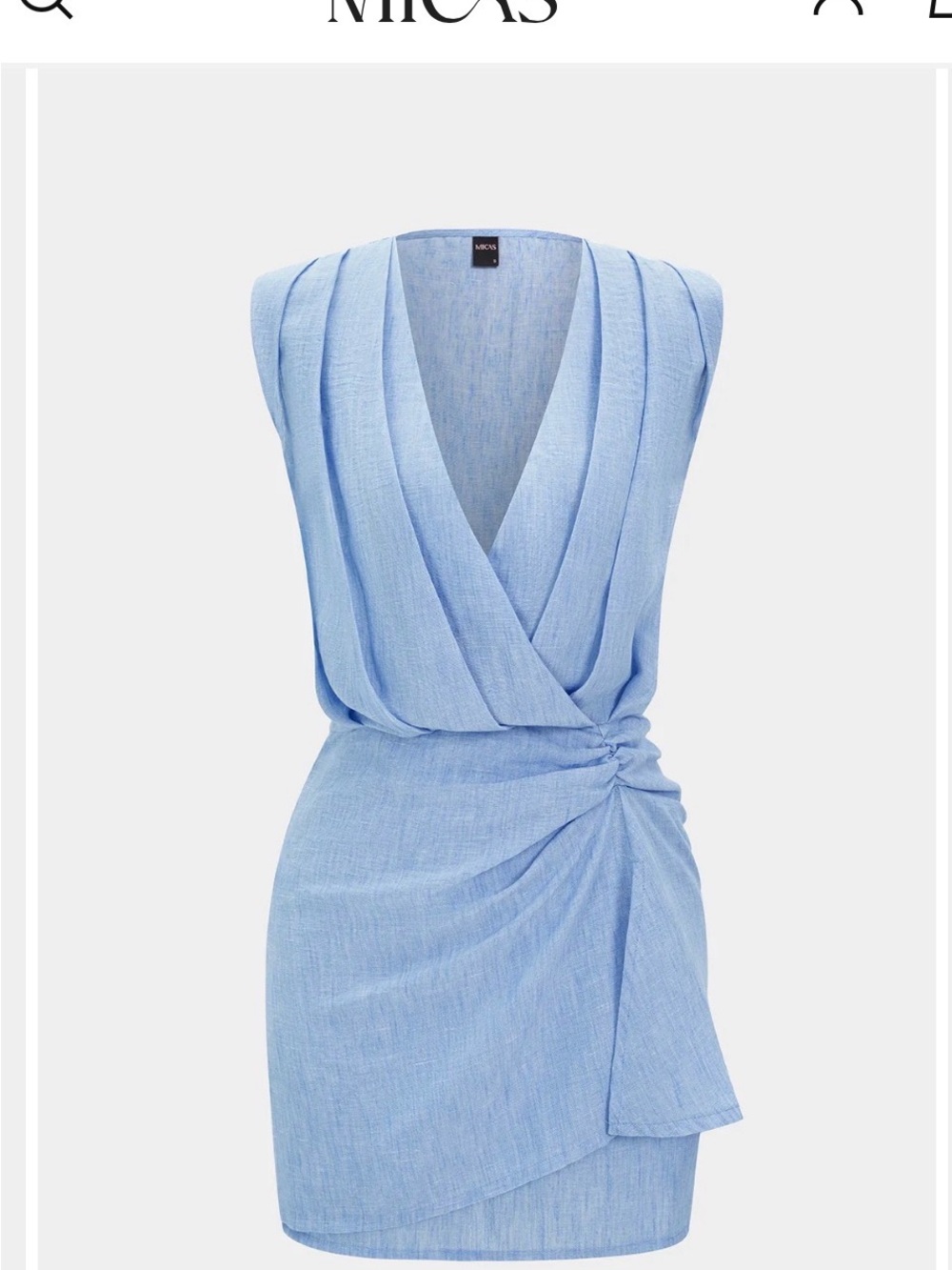 Micas Sky Blue Draped V-Neck Mini Dress